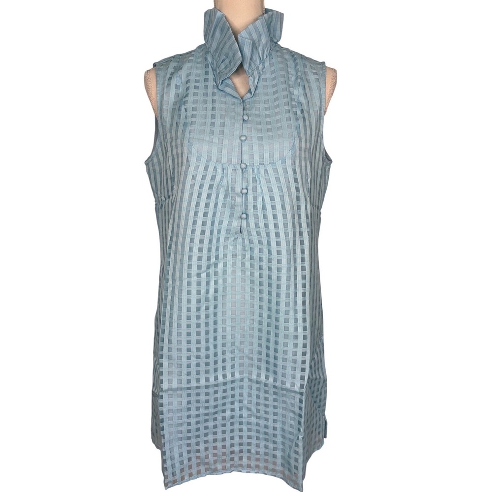 S'EDGE Blue Cotton Silk Ruffle Neck Sleeveless Shift Dress M - Picture 2 of 10